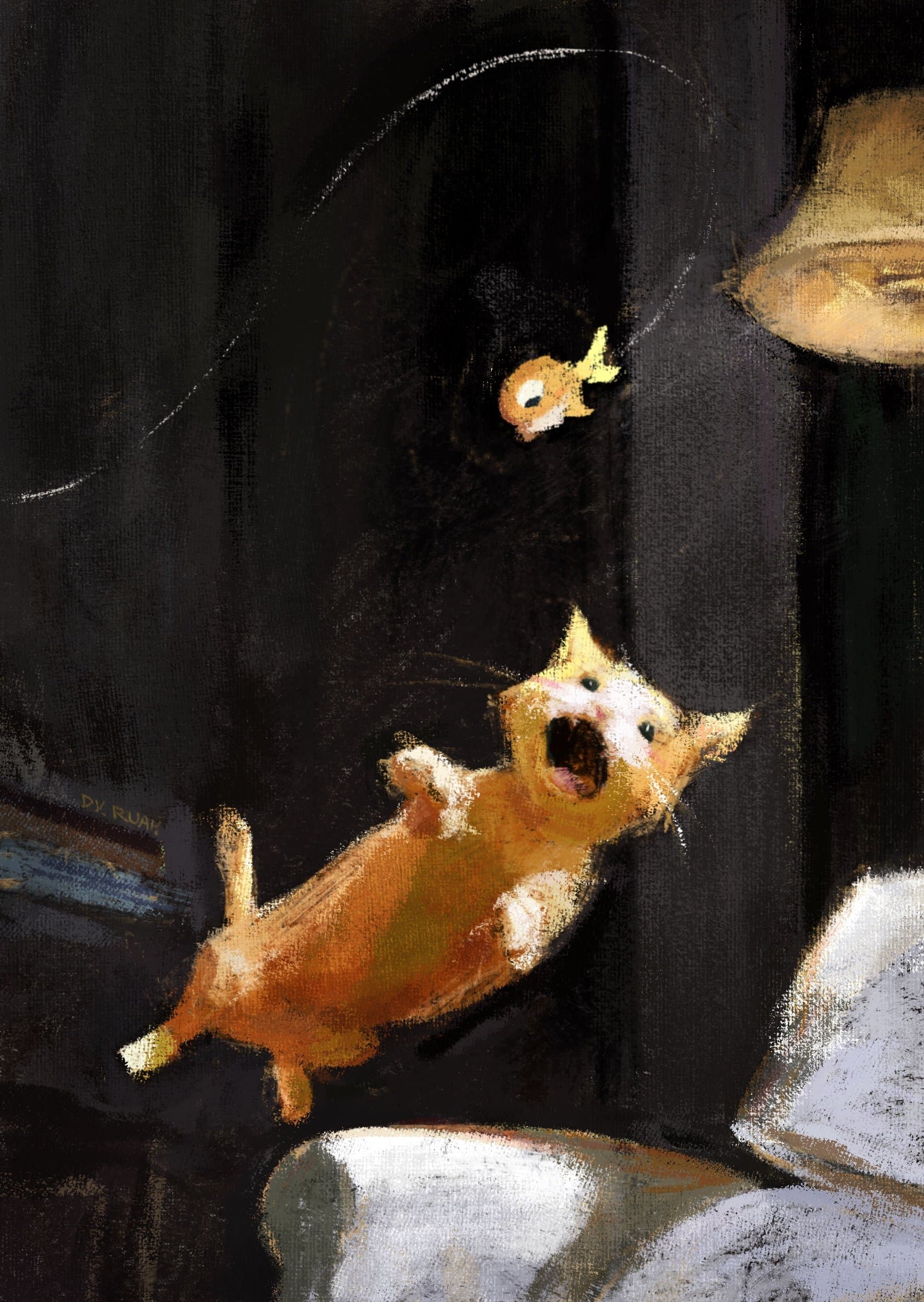 Cat leaping after a toy bird, digital illustration by D. Y. Ruah, created with RuahStash Essentials Procreate brushes