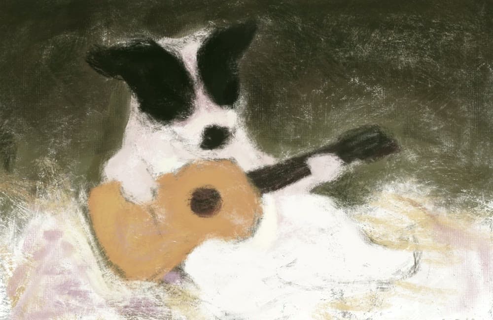 Dog playing an orange guitar, painted by D. Y. Ruah with RuahStash Oils Procreate brushes thumbnail