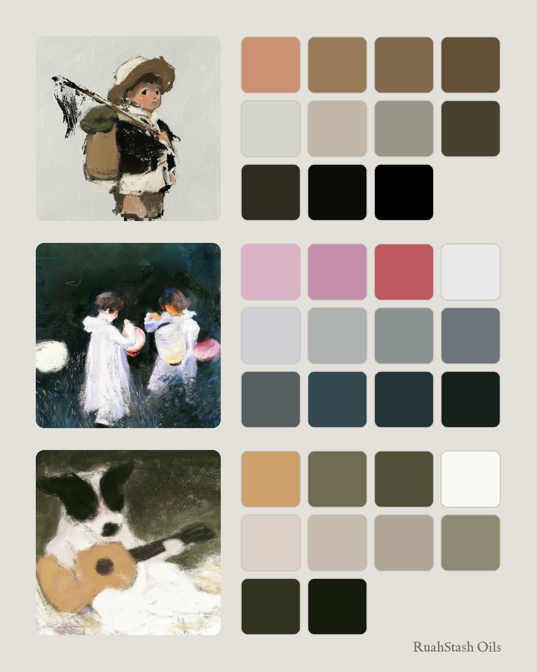 Three color palettes from the RuahStash Oils demo paintings: the explorer boy, the Sargent study and the dog with a guitar thumbnail