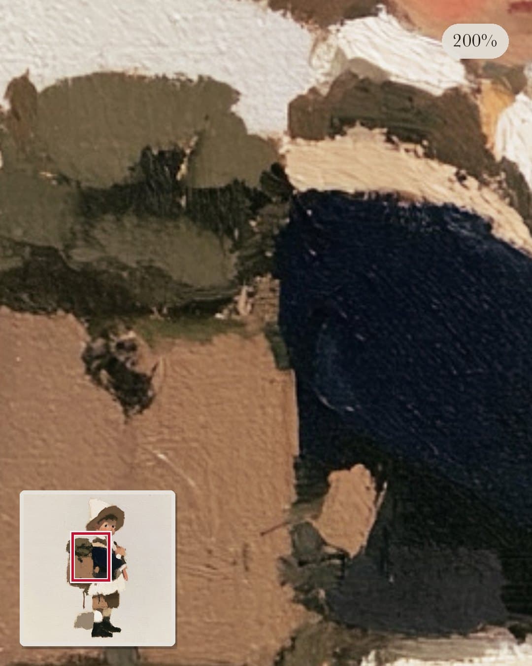A 200 percent crop of the explorer boy painting showing the oil brush texture, with the whole painting inset thumbnail