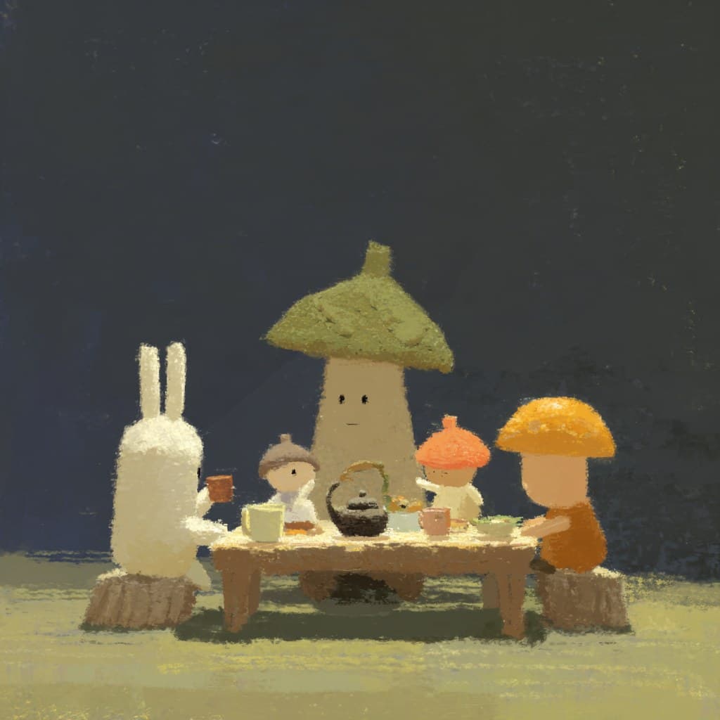 Acorn tea party with small forest friends, digital illustration by D. Y. Ruah