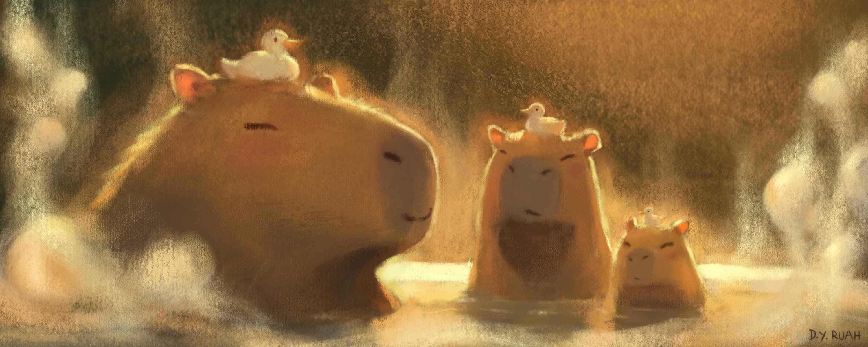 Capybara relaxing in a hot spring onsen, digital illustration created with RuahStash charcoal Procreate brushes showing soft textured shading